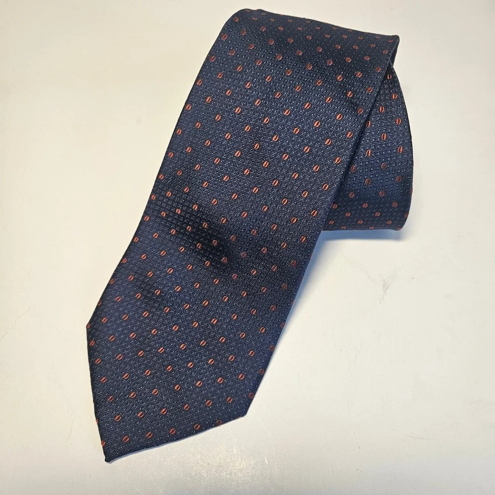 JOE Joseph Abboud Mens Silk Necktie Navy Blue Orange Geometric Dot Pattern Tie